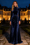 Royal Blue Long Sleeve Velvet Formal Dress With Beading