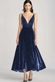 Velvet Beaded V Neck Tea-Length Burgundy Formal Dress