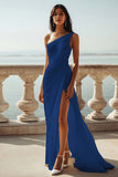 One Shoulder Ivory Ruched Engagement Dress with Slit