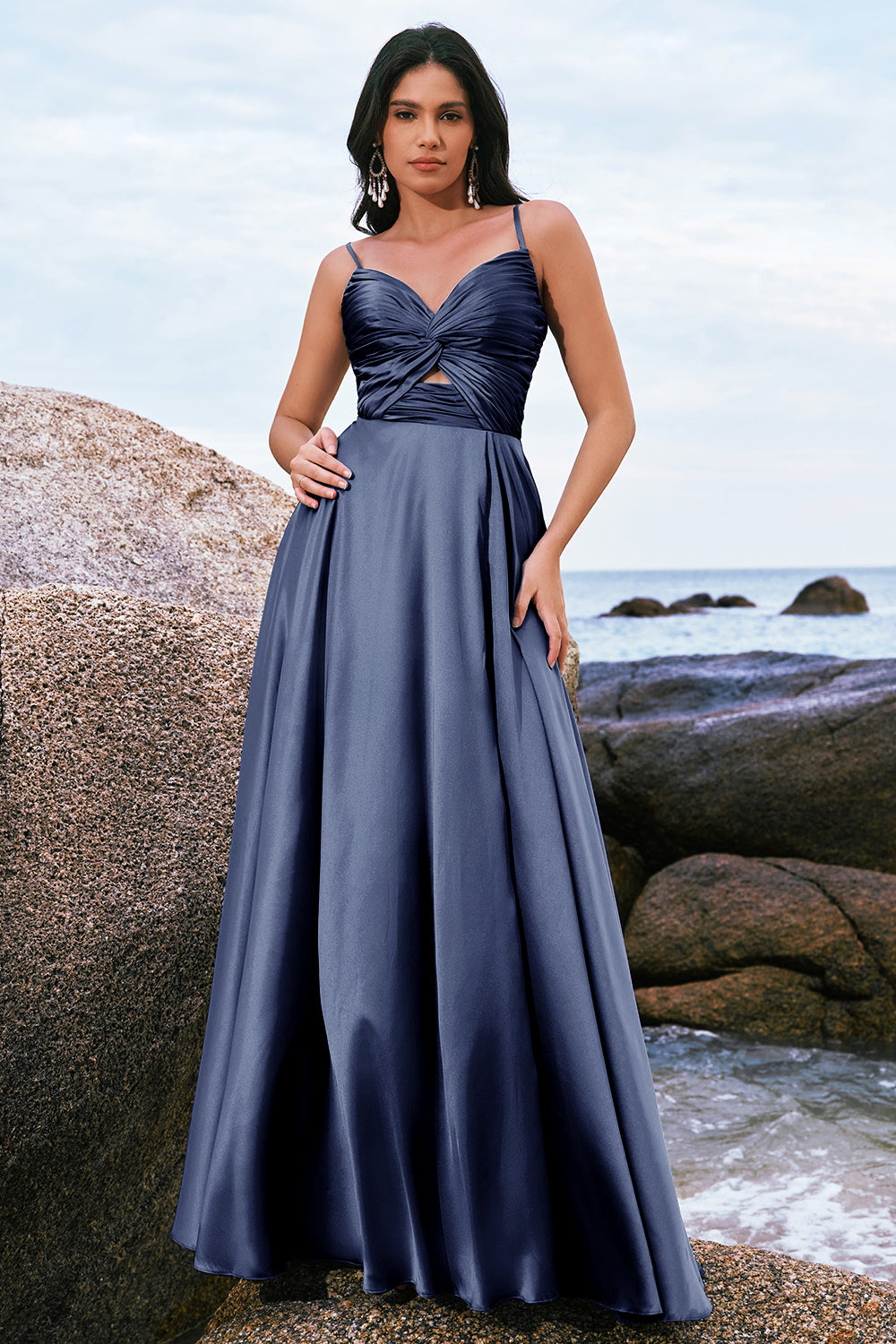 Berylove Women Ink Blue A Line Satin Bridesmaid Dress Keyhole Pleated Maxi Wedding Guest Dress, Dark Navy / US6 Berylove Women Ink Blue A Line Satin Bridesmaid Dress Keyhole Pleated Maxi Wedding Guest Dress, Dark Navy / US6