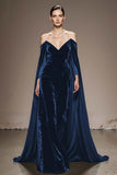 Black Off The Shoulder Velvet Evening Dress with Cloak