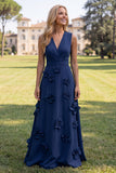 A Line V-Neck Fuchsia and Red Maxi Formal Dress With 3D Flowers