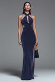 Dark Green Halter Mermaid Cut Out Velvet Formal Dress With Slit