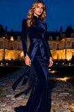 Black Mermaid Velvet High Neck Maxi Formal Dress With Bow