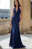 Navy Mermaid Halter Long Satin Prom Dress