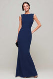 Black Sheath Bateau Neck Long Formal Dress
