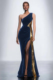 One Shoulder Velvet Sequin Mermaid Black Tie Dress With Slit