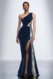 One Shoulder Velvet Sequin Mermaid Black Tie Dress With Slit