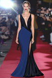 Mermaid Black&White Deep V Neck Long Gala Dress