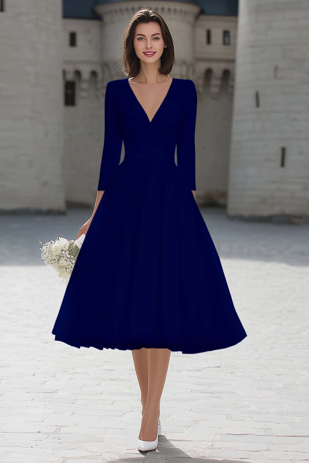 navy engagement dress Modest Navy Blue Satin Engagement Dress 52151L