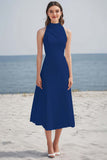 Simple Halter A Line Midi Ivory Graduation Dress
