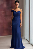 Light Khaki One Shoulder Sheath Pleated Satin Gala Dress
