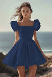 White Puff Sleeve A Line Satin Graduation Dress