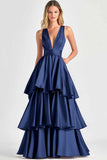 Tiered V Neck Fuchsia A Line Formal Dress