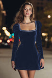 Black Long Sleeve Square Neck Velvet Cocktail Dress with Beading