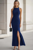 Halter Bodycon Black Tie Dress with Slit