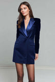Black Peak Lapel Long Sleeve Work Dress with Belt