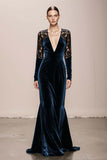 Mermaid Velvet Deep V-Neck Dark Green Evening Dress