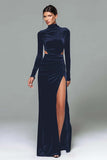 Black Velvet Cut Out High Neck Long Sleeve Formal Dress with Slit