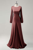 Eucalyptus Satin Round Neck Modest Bridesmaid Dress with Long Sleeves