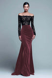 Black and Burgundy Off The Shoulder Mermaid Velvet Formal Dress With Slit