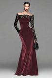 Burgundy Velvet Off The Shoulder Mermaid Formal Dress with Long Sleeves
