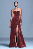 Burgundy Strapless Velvet A Line Formal Dress with Slit