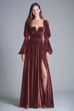 Burgundy A-Line Long Sleeve Velvet Holiday Party Dress With Slit