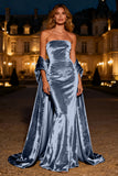 Silver Strapless Mermaid Velvet Maxi Formal Dress With Cape