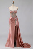 Sweetheart Mermaid Mint Green Beaded Satin Prom Dress With Slit