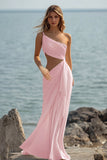 One Shoulder Cut Out Chiffon White Engagement Dress
