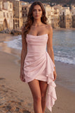 Strapless Ruched Mini White Dress with Ruffles