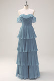 Eucalyptus Tiered A Line Pleated Off the Shoulder Bridesmaid Dress