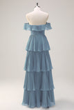 Eucalyptus Tiered A Line Pleated Off the Shoulder Bridesmaid Dress