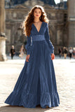 Velvet A-Line Brown V-Neck Maxi Formal Dress With Slit