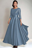 Sparkly A Line Sequin Long Sleeves Navy Long Mother of The Bride Dress