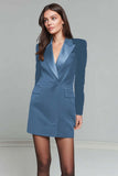 Black Peak Lapel Long Sleeve Work Dress with Belt