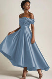 Off the Shoulder A Line Tea Length Satin Olive Mother of the Bride Dress