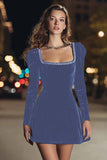 Black Long Sleeve Square Neck Velvet Cocktail Dress with Beading