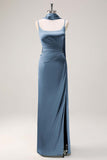 Sage Sheath Spaghetti Straps Slit Bridesmaid Dress with Ribbon