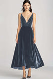 Velvet Beaded V Neck Tea-Length Burgundy Formal Dress
