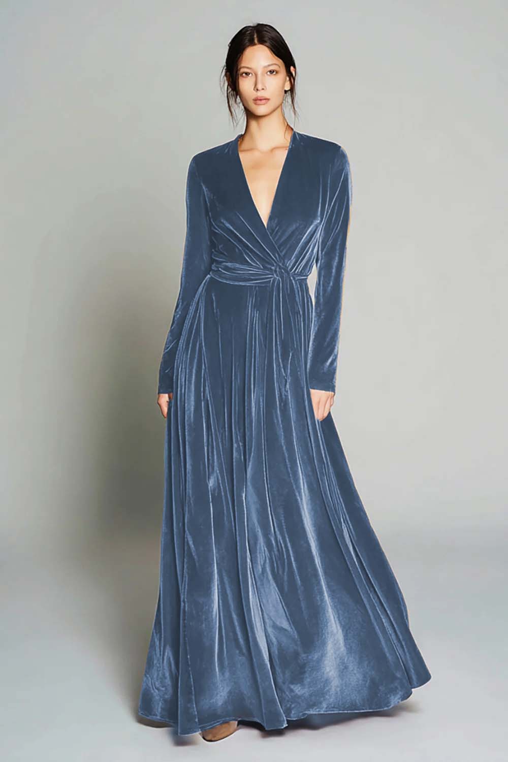 Berylove Women Brown Velvet Holiday Dress A-Line Long Sleeve V-Neck Formal Dress, Dusty Blue / US8 Berylove Women Brown Velvet Holiday Dress A-Line Long Sleeve V-Neck Formal Dress, Dusty Blue / US8