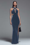 Dark Green Halter Mermaid Cut Out Velvet Formal Dress With Slit