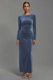 Sheath Ruched Long Sleeve Navy Formal Dress