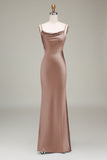 Dusty Blue Sheath Cowl Neck Satin Maxi Dress with Slit