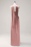 Sage Sheath Spaghetti Straps Slit Bridesmaid Dress with Ribbon