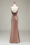 Dusty Blue Sheath Cowl Neck Satin Maxi Dress with Slit