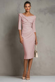 Ivory Sheath V-Neck Midi Dress With Half Sleeves