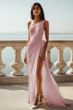 One Shoulder Ivory Ruched Engagement Dress with Slit