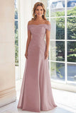 Elegant Taupe Off the Shoulder Chiffon Sheath Long Mother of the Bride with Lace Appliques